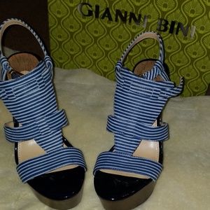 Navy and brown wedge sandals